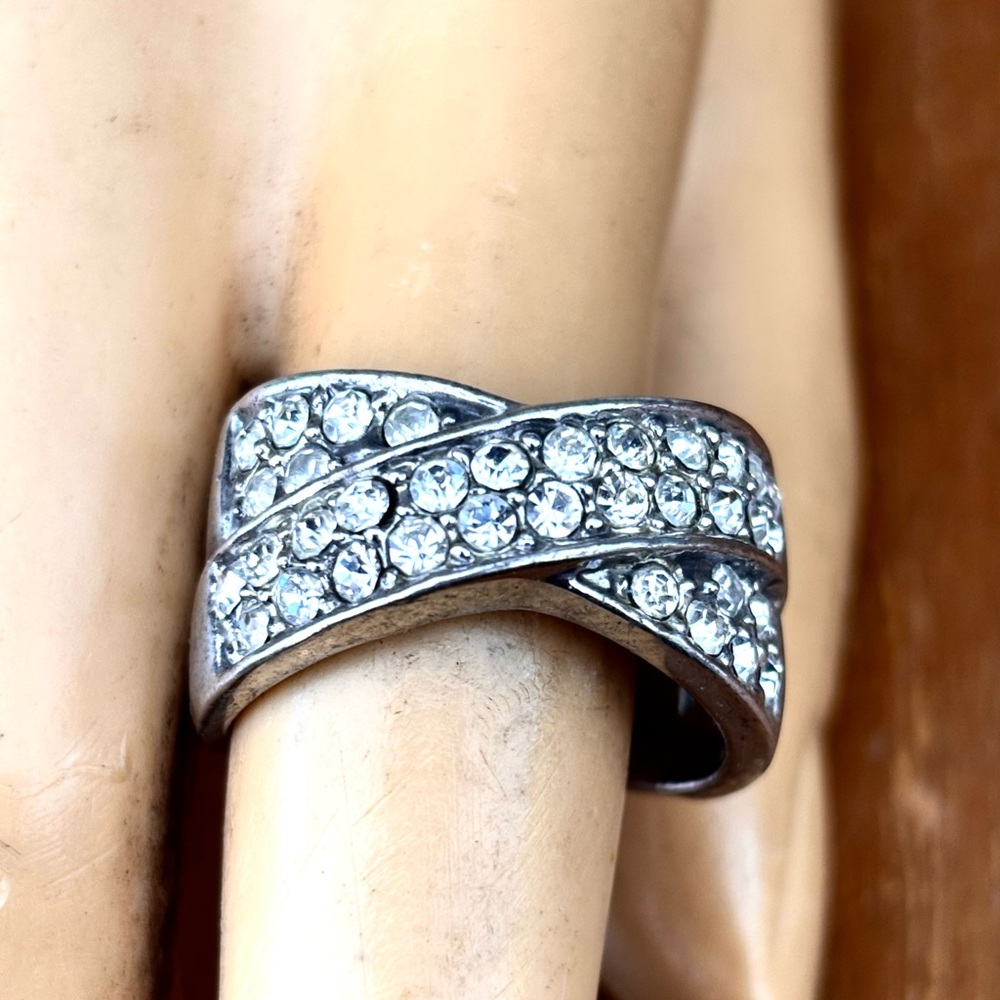 Sparkling Silver Crystal Crossover Ring